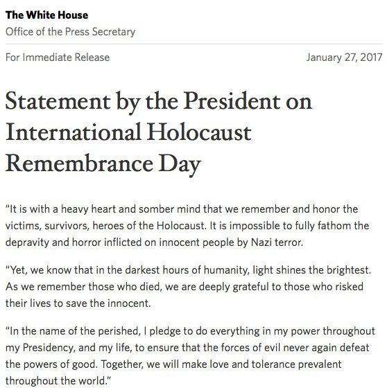 Official White House statement on Holocaust Remembrance Day on the 72nd anniversary of Auschwitz-Berkinau’s liberation.