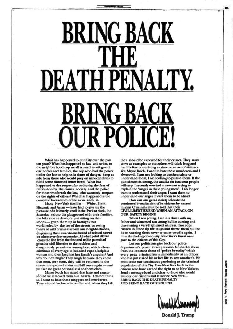 Donald Trump’s 1989 ad calling for the killing of the Central Park Five (New York Daily News).
