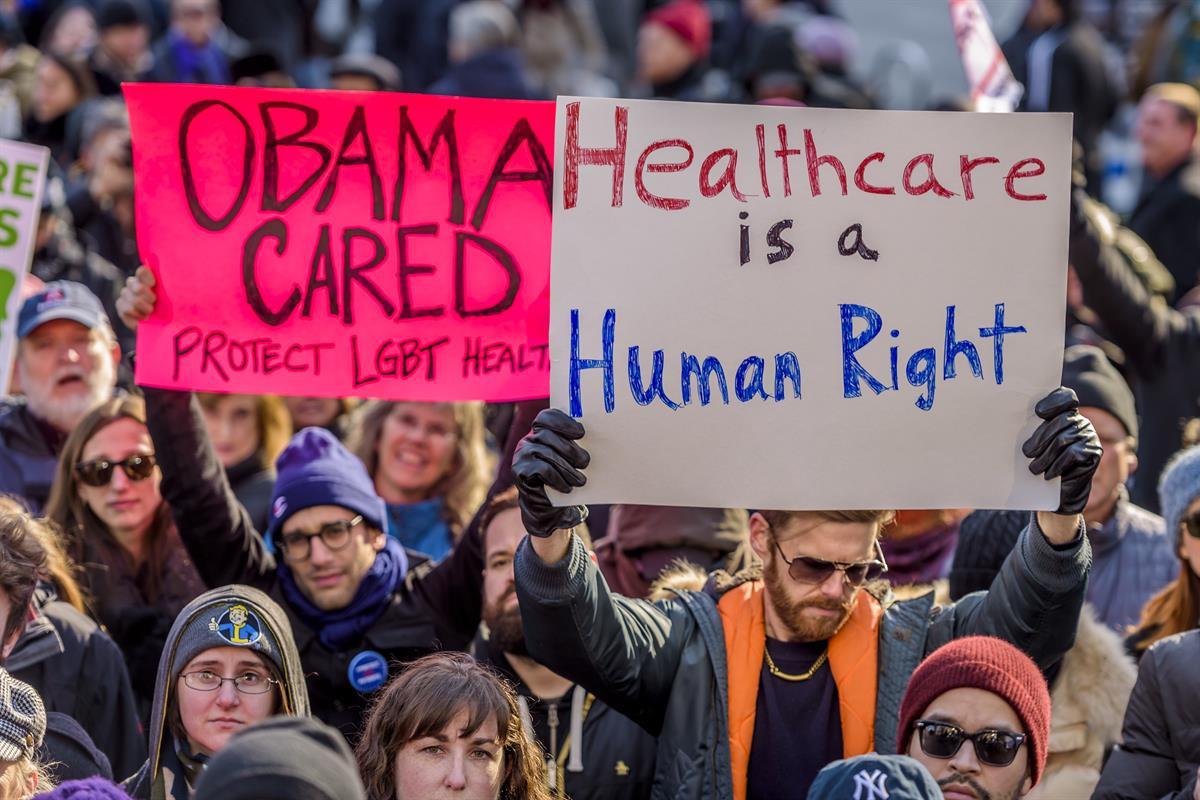 Hundreds of activists hold a peaceful protest at Trump Tower in New York City to fight against the repeal of Obamacare. January 15, 2017 (Photo by Erik McGregor) (Sipa USA via AP)