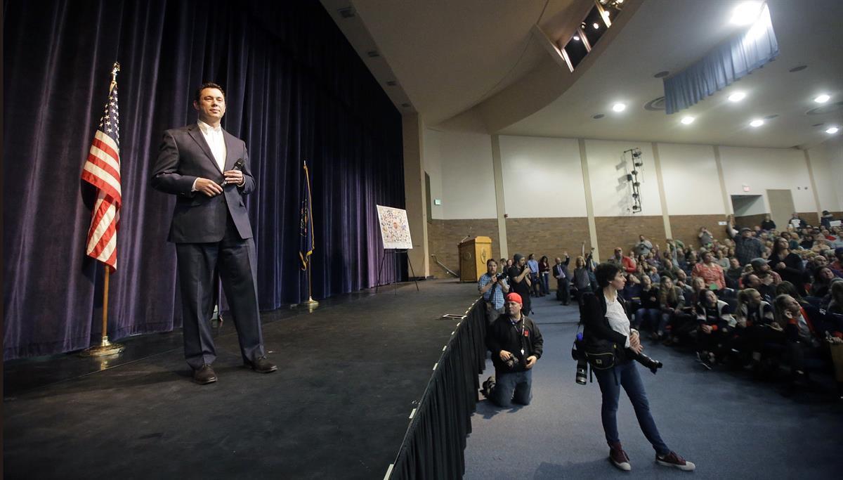 Rep. Jason Chaffetz speaks during a town hall meeting at Brighton High School. Thursday, Feb. 9, 2017, in Cottonwood Heights, Utah.(AP Photo/Rick Bowmer)