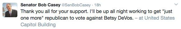 Tweet from Senator Bob Casey on February 6, 2017