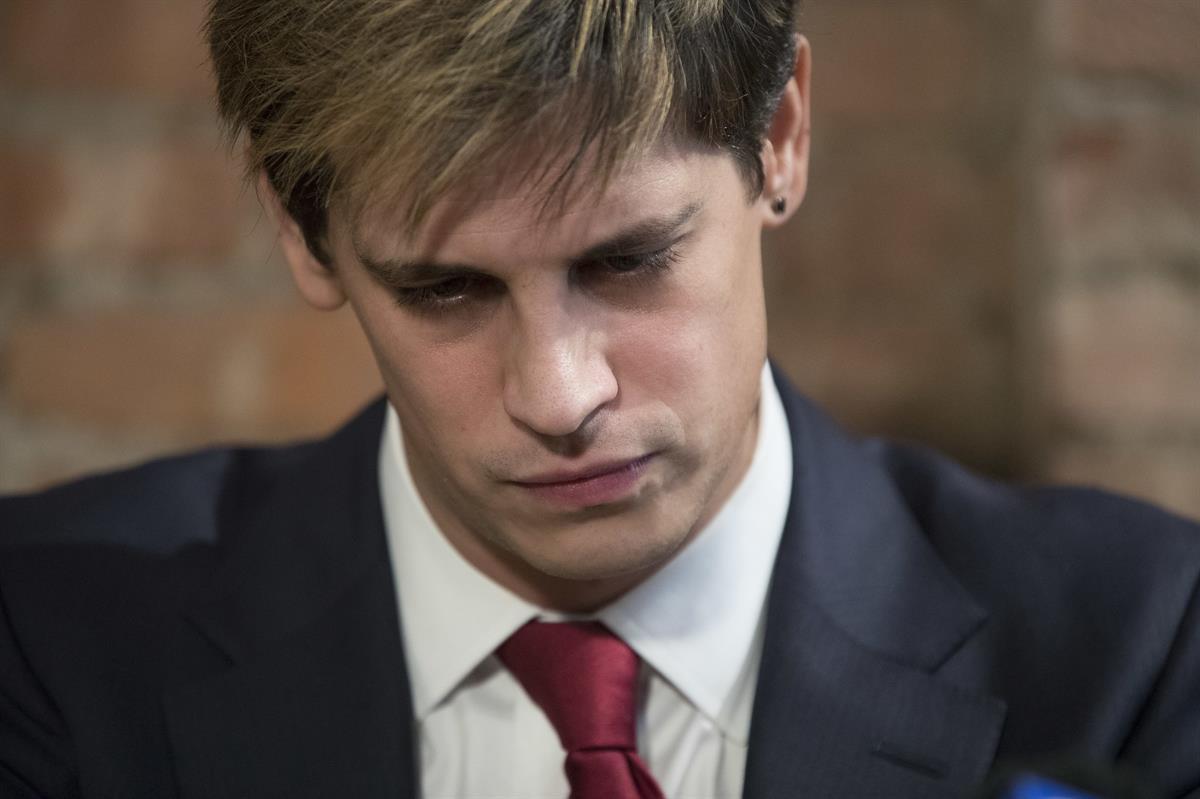 Milo Yiannopoulos speaks during a news conference, resigning as an editor of Breitbart. Tuesday, Feb. 21, 2017, in New York (AP Photo/Mary Altaffer)