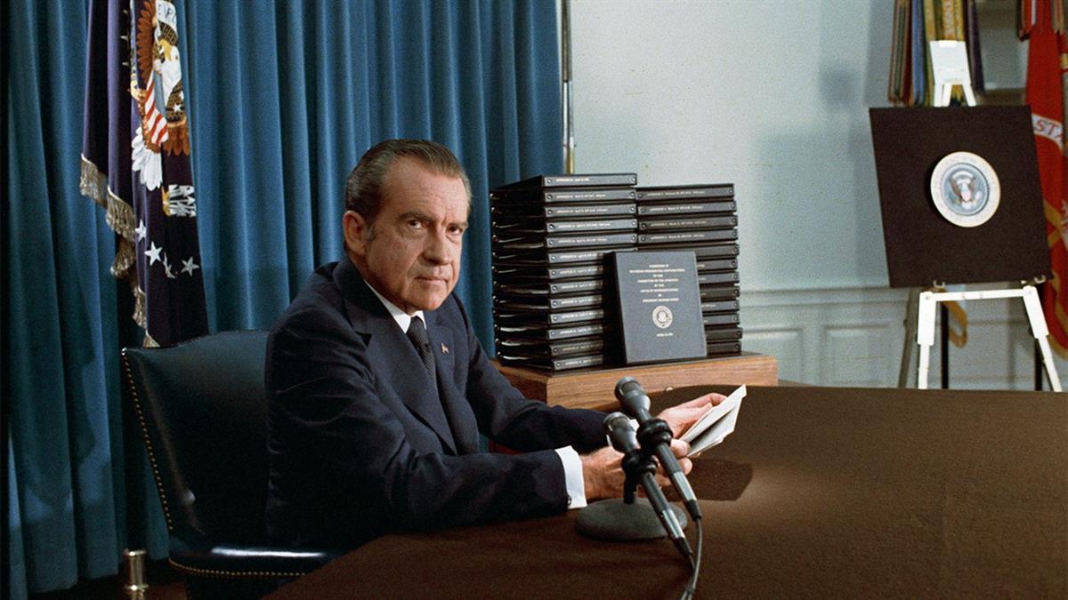 President Richard Nixon at his resignation speech via the National Archives and Records Administration, public domain/CC0)