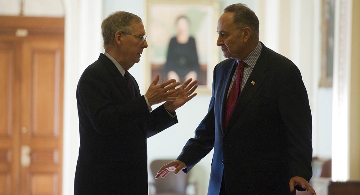 A rare moment of conversation is captured between the two party leaders, Senate Majority Leader Mitch McConnell and Senate Minority Leader Chuck Schumer