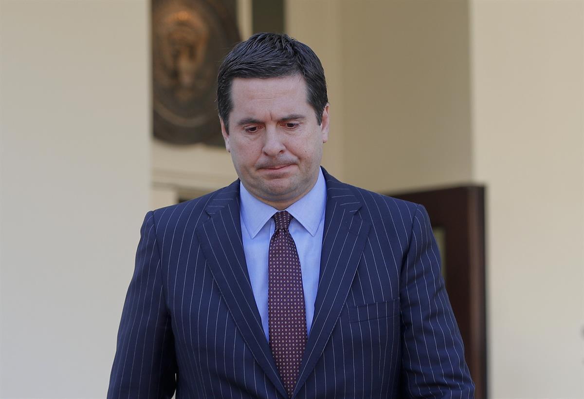 House Intelligence Committee Chairman Rep. Devin Nunes, R-Calif. walks out of the White House in Washington, Wednesday, March 22, 2017, to speak with reporters following a meeting with President Donald Trump. (AP Photo/Pablo Martinez Monsivais)