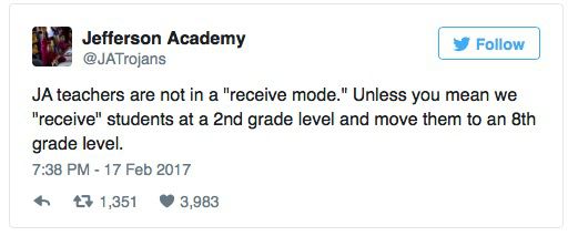 Tweet from Jefferson Middle School Academy after the Townhall interview was published.