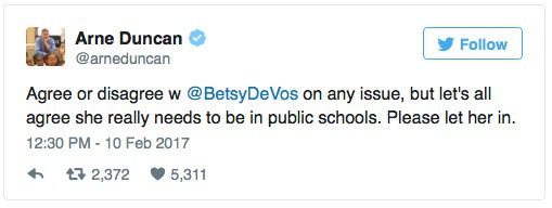 Arne Duncan, Secretary of Education under President Obama, tweet in response to DeVos being booed in Washington