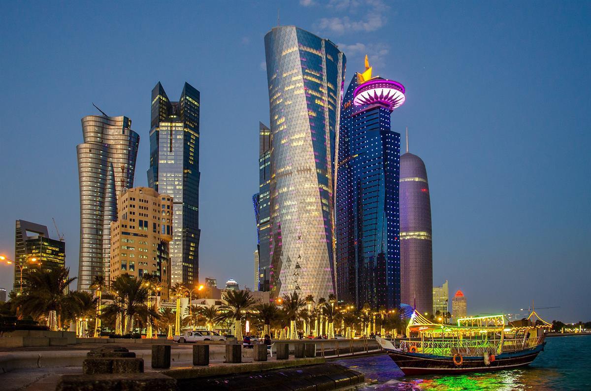Doha, the capital of Qatar, at sunset.