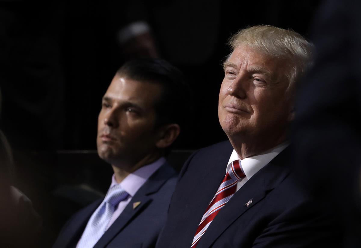 Donald Trump and Donald Trump Jr. at the Republican National Convention in Cleveland — July 20, 2016. (AP/Matt Rourke)