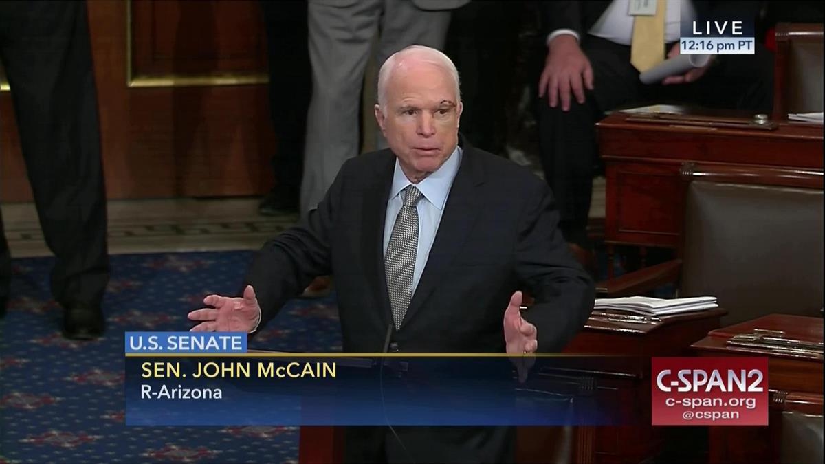 Sen. John McCain (R-AZ). speaks the floor of the Senate on Capitol Hill in Washington — Tuesday, July 25, 2017 (C-SPAN2 via AP)