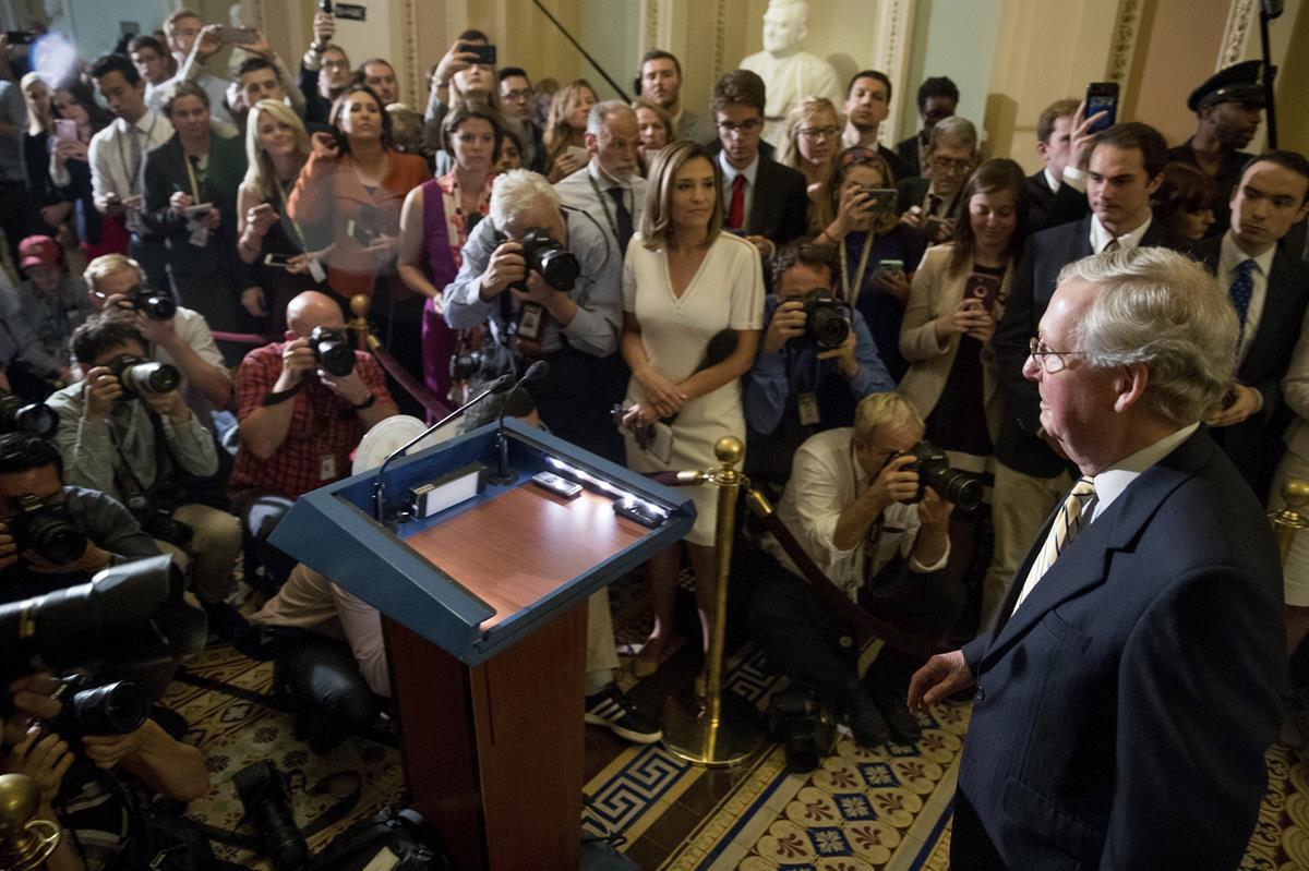 Senate Majority Leader Mitch McConnell (R-KY) arrives for a news conference on Capitol Hill in Washington, Tuesday, July 25, 2017, after the Senate voted to pass health care legislation. (AP/Andrew Harnik)