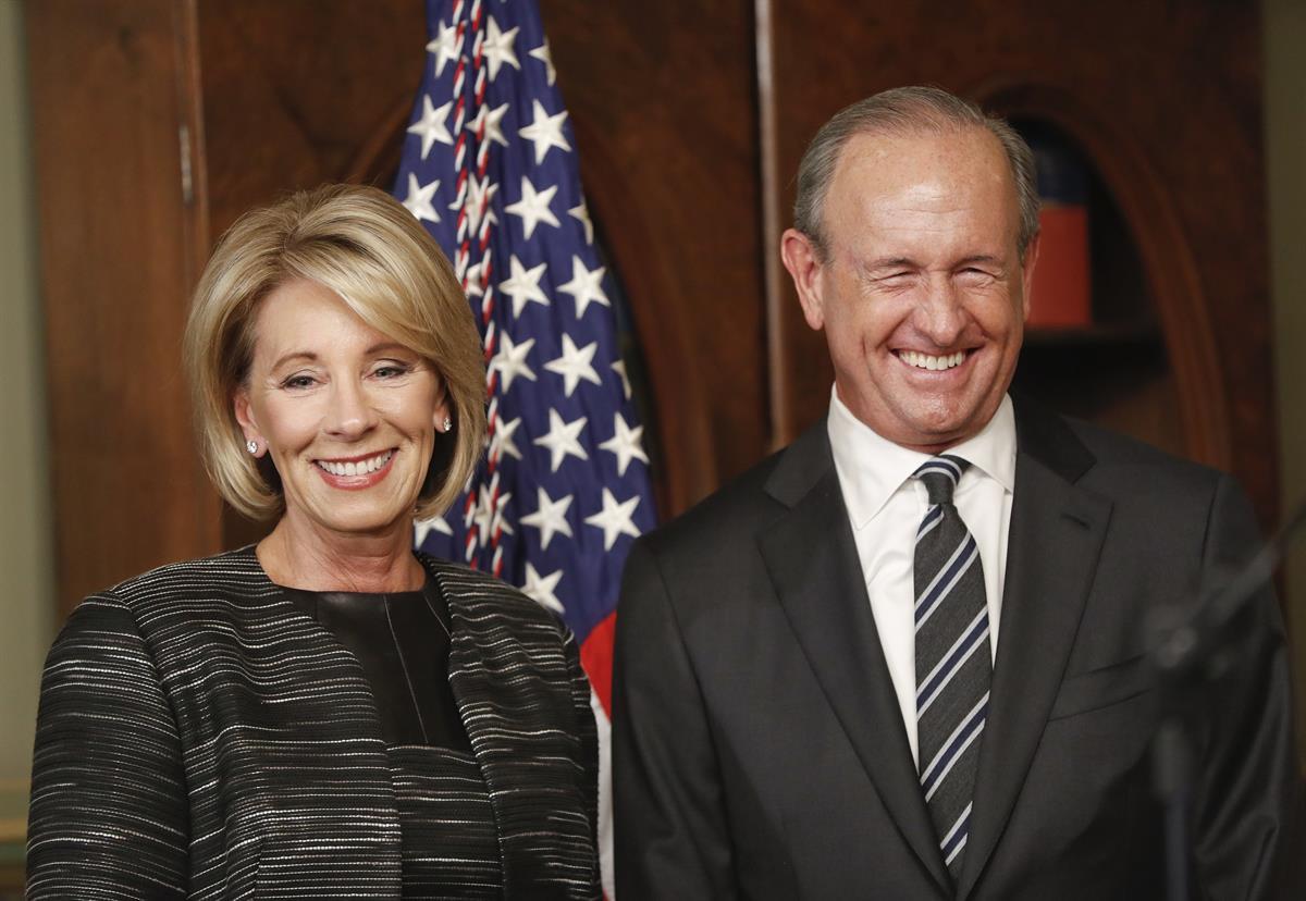 Education Secretary Betsy DeVos and her husband Dick DeVos— Feb. 7, 2017 (AP/Pablo Martinez Monsivais)