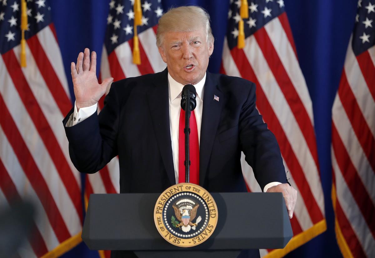 President Donald Trump failing to explicitly condemn white supremacy during his speech on the violence in Charlottesville, VA — Trump National Golf Club, Saturday, Aug. 12, 2017, in Bedminster, NJ (AP/Pablo Martinez Monsivais)