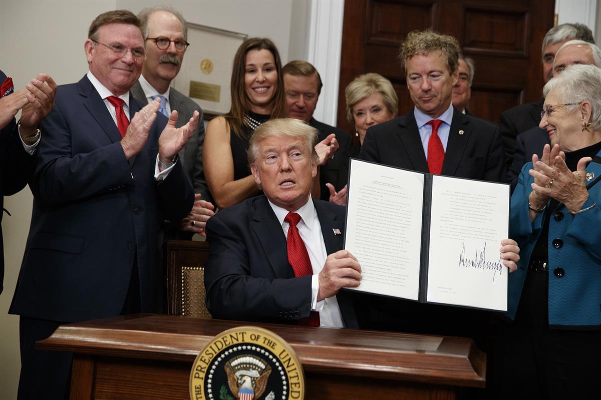 President Donald Trump shows an executive order on health care that he signed in the Roosevelt Room of the White House — Thursday, Oct. 12, 2017 (AP Photo/Evan Vucci)