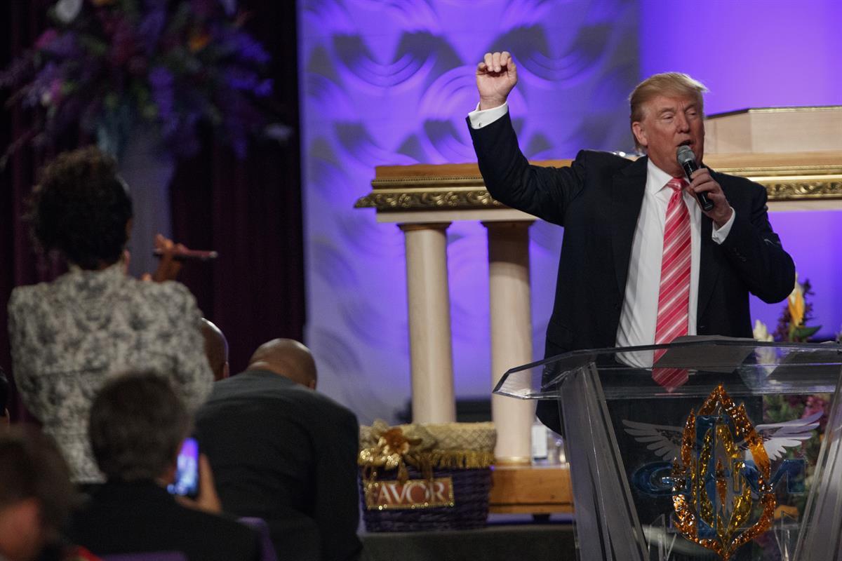 Donald Trump speaks during a church service at Great Faith Ministries, Saturday, Sept. 3, 2016, in Detroit. (AP Photo/Evan Vucci)