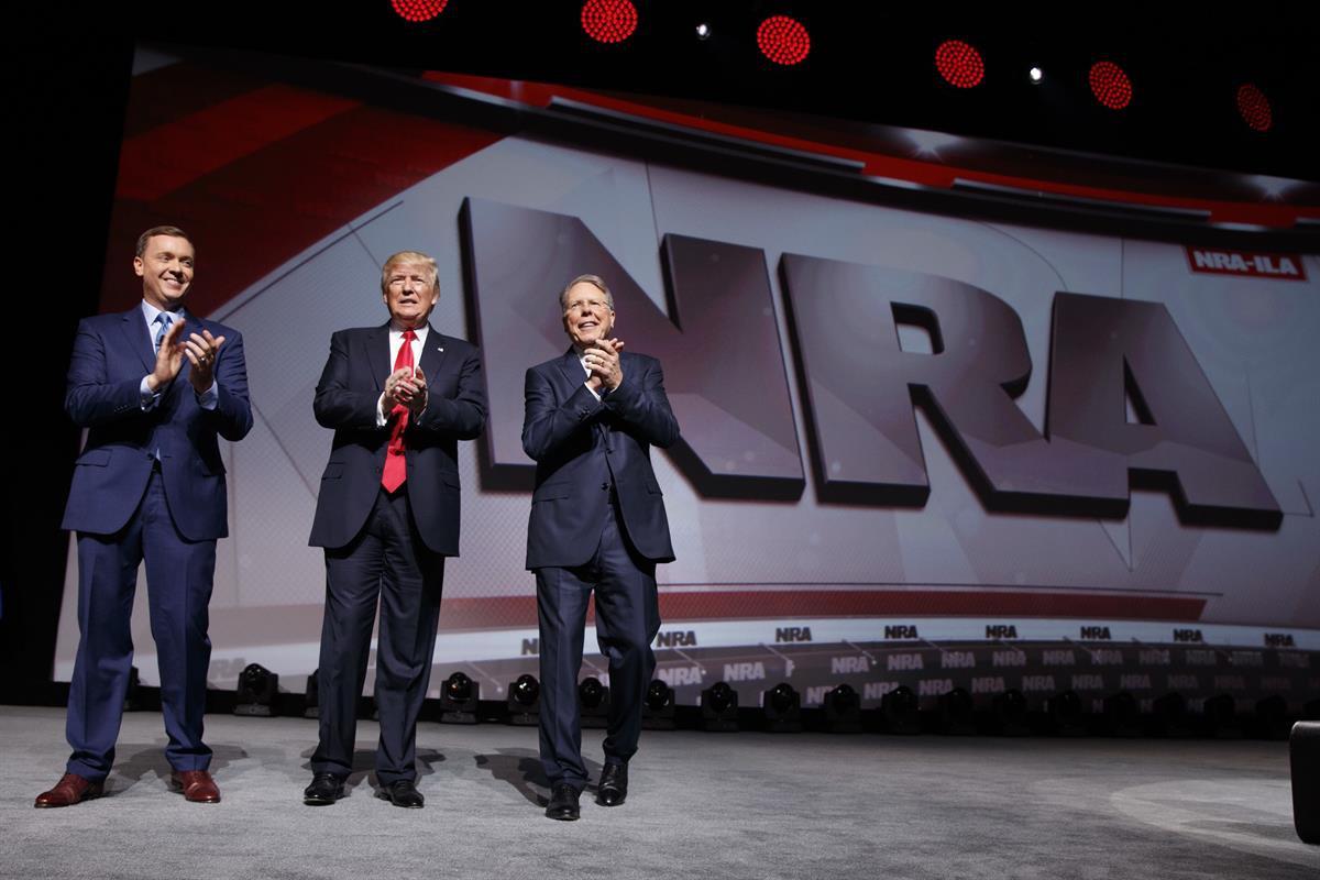 Senate Minority Leader Mitch McConnell (R-KY), at the leadership forum at the National Rifle Association’s annual convention Friday, April 25, 2014 | President Donald Trump at the National Rifle Association Leadership Forum, Friday, April 28, 2017, in Atlanta. — (AP Photo/AJ Mast)