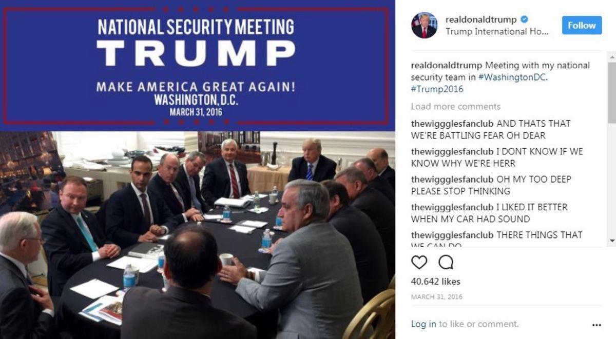 Jeff Sessions (far left), George Papadopoulos (two seats over from Sessions), Donald Trump (you see where he is)